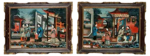 19th-Century Chinese Reverse-Painted Mirror Pictures, Set of 2
