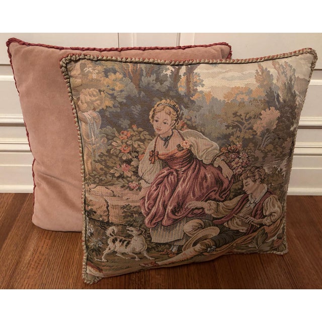 1960s Large Pair Vintage French Tapestry Pillows For Sale - Image 5 of 7