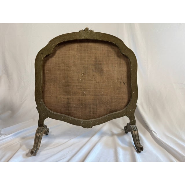 Antique French Louis XV Style Painted Firescreen | Aubusson-Style Tapestry Panel | Sage Green Cabriole Legs | 37in For Sale - Image 4 of 18