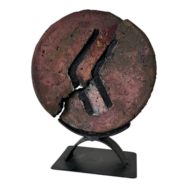 1980s Vintage Handmade Brutalist Abstract Pottery Sculpture on Metal Stand, Signed For Sale