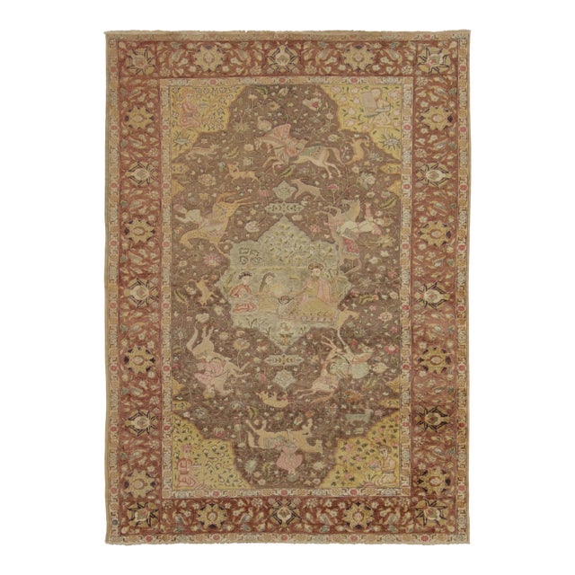 Rare Antique Turkish Rug With Narrative Pictorials in Beige & Brown - Rug & Kilim For Sale