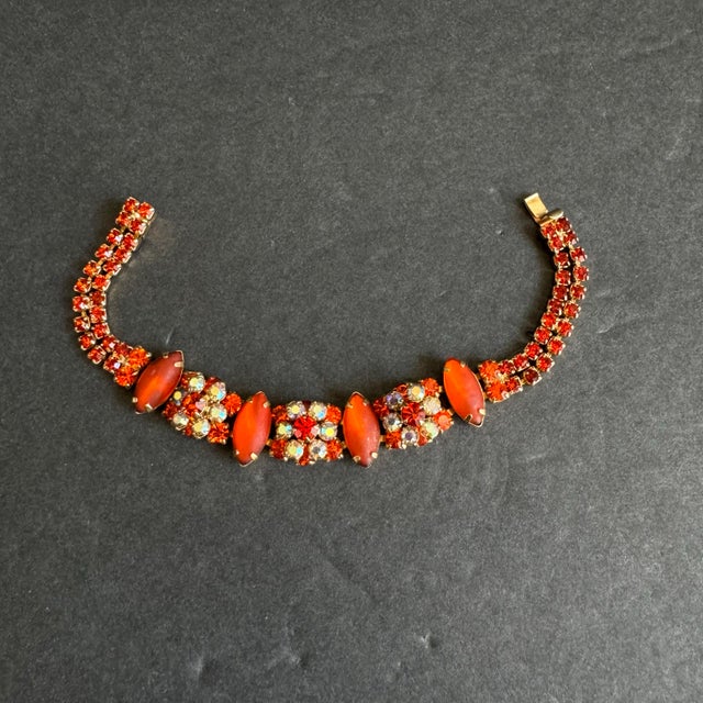 Weiss Bracelet & Brooch Set Demi Parure Orange Cabochon Aurora Borealis Crystal Rhinestone For Sale - Image 6 of 11