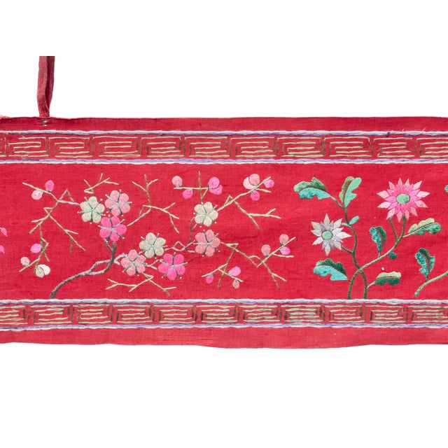 1960s Vintage Chinese Long Red Pink Flower Embroidery Fabric Art For Sale - Image 5 of 17
