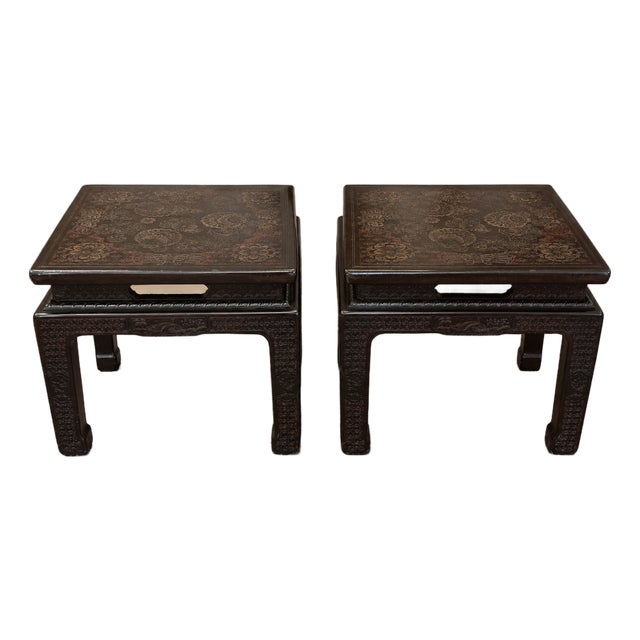 1978 John Widdicomb Asian Modern Incised Lacquer End Tables – Matching Pair For Sale