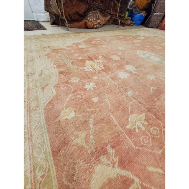 1910s Antique Oushak Carpet, Oriental Rug, Handmade Ivory, Muted Coral, Soft Green For Sale - Image 5 of 13