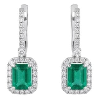 Natural 1.90cts Emerald & 0.72cts Diamond Earring in 14k White Gold For Sale