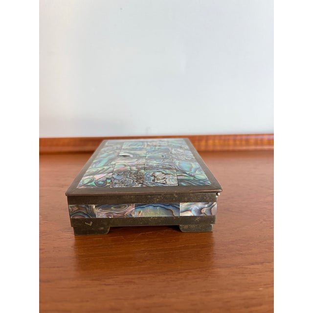 Vintage Taxco Mexico Brass & Abalone Shell Mosaic Jewelry Box, Mid-Century For Sale - Image 9 of 12