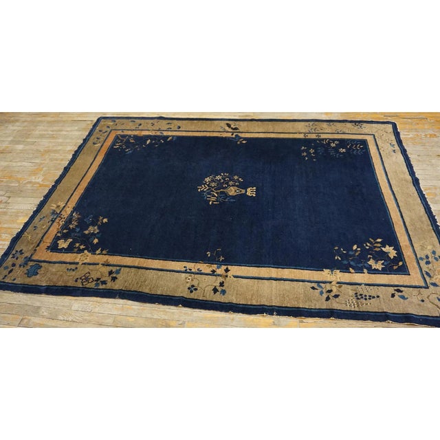 Navy Blue 1920s Blue Navy Vase Floral Antique Chinese Peking Carpet 6 X 8'7" Handknotted Wool Rug For Sale - Image 8 of 8