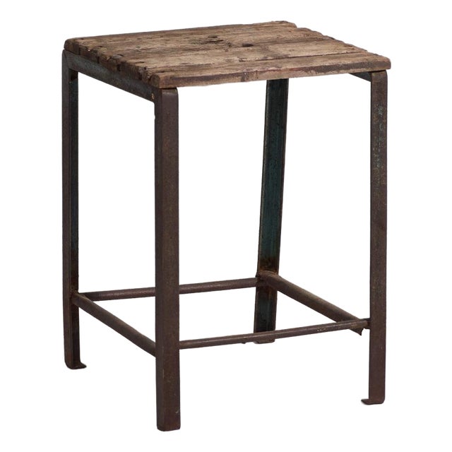 Vintage Industrial Stool in Pine Wood and Iron, Central Europe, 1950 For Sale