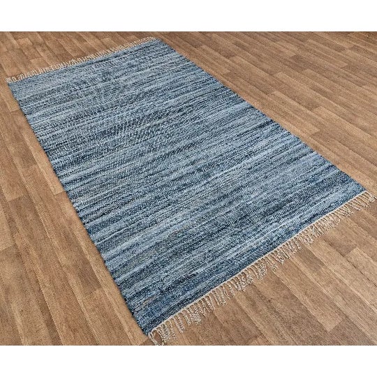 Textile Recycled Denim Blue Hand Woven Cotton Boho Rug For Sale - Image 7 of 10