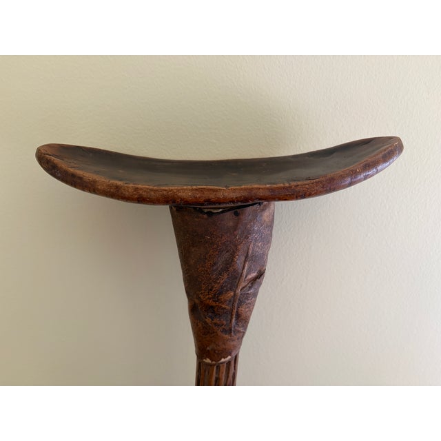 Brown Vintage East African Carved Wood and Leather Pastoralist Headrest Stool For Sale - Image 8 of 14