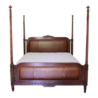 Henredon King Sized Four Poster Bed With Leather Accents For Sale