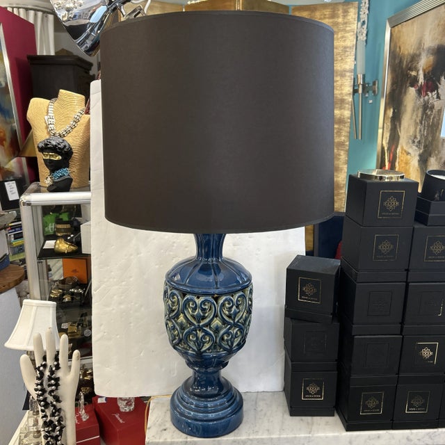 Blue Blue Ceramic Openwork Tabletop Lamp With Top and Bottom Light Sources For Sale - Image 8 of 11