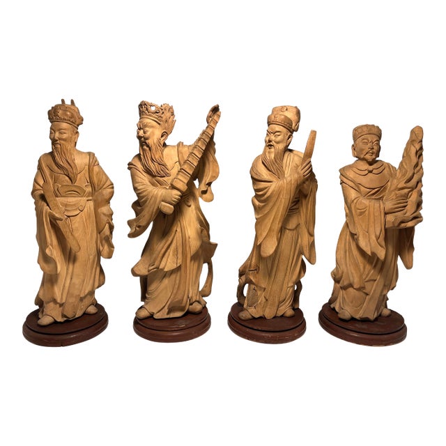 1940s Republic Era Chinese Hand Carved Wood Immortals Statues- Set of 4 For Sale