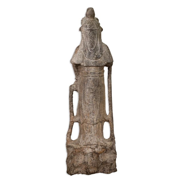 Vintage Chinese Bodhisattva Guanyin Hand-Carved Stone 20th Century Asian Buddha For Sale - Image 4 of 9