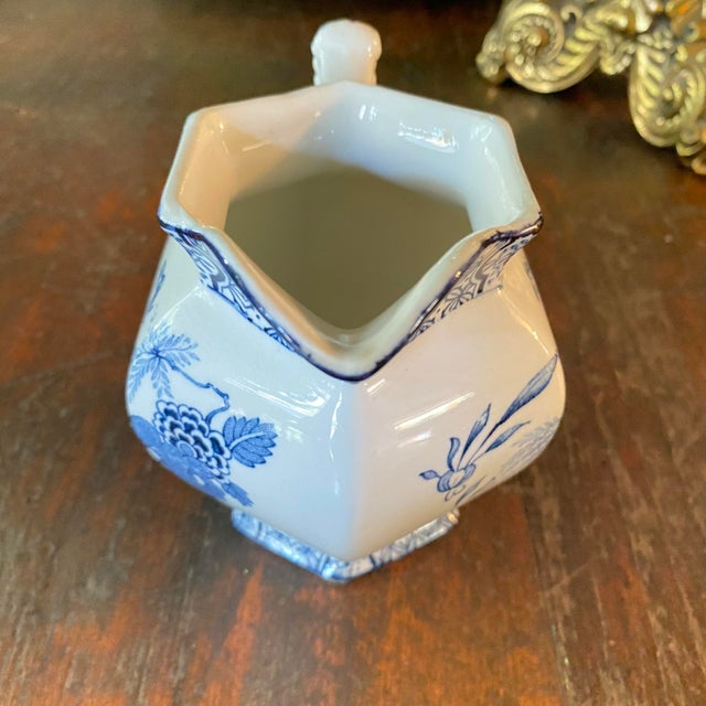 Chinoiserie Antique Wood & Sons Yuan Hexagonal Creamer Pitcher 1920's Blue and White For Sale - Image 3 of 12