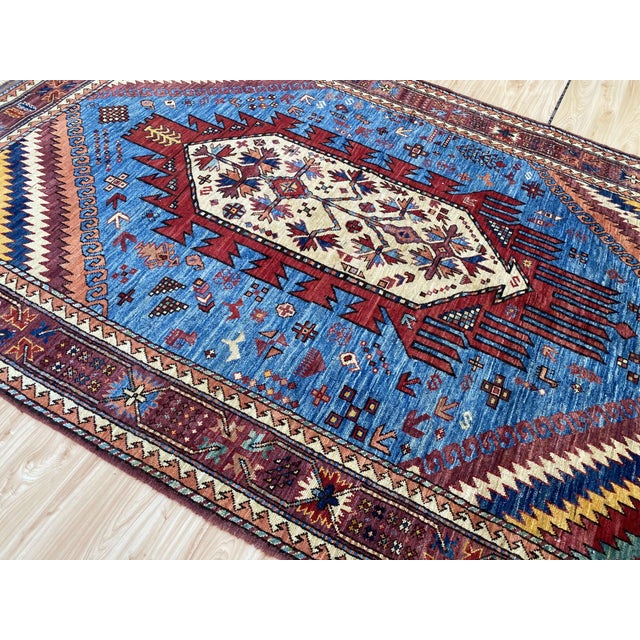 2000 - 2009 Sky Blue Kazak Medallion Handmade Wool Rug 5x8 For Sale - Image 5 of 10