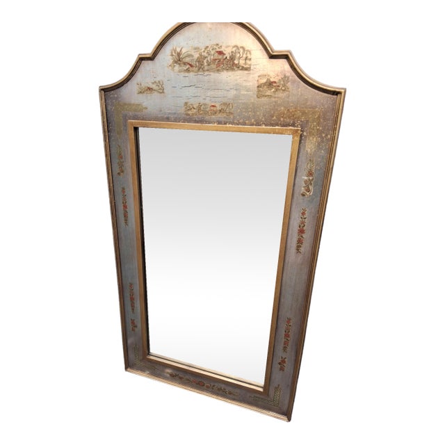 1940's Hollywood Regency Chinoiserie Giltwood & Silvered Figural Decor Wall Mirror For Sale