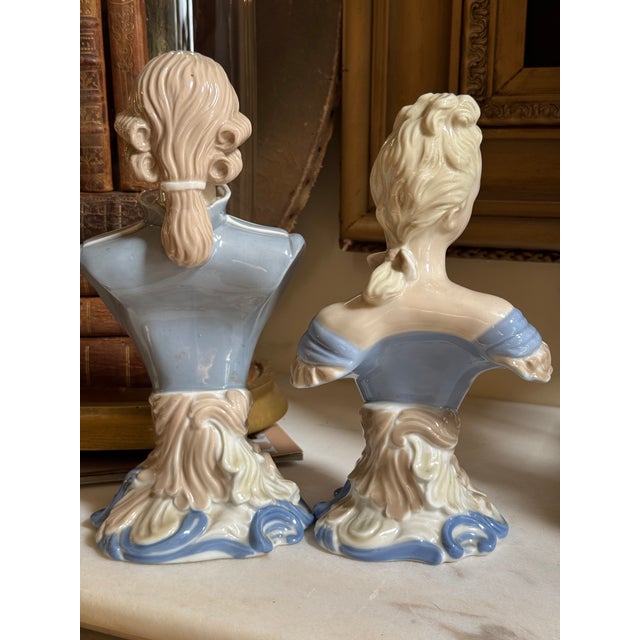 Ceramic Vintage Japanese Rococo Revival Blue & White Porcelain Busts — Pair For Sale - Image 7 of 10