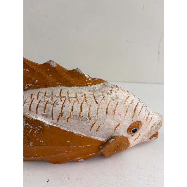 White Vintage Folk Art Carved Wooden Fish For Sale - Image 8 of 11