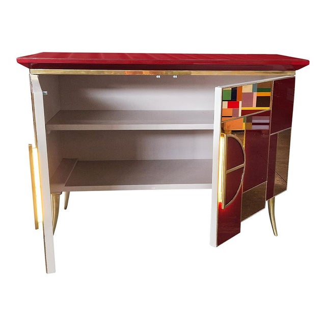 Sideboard with 2 Illuminated Doors in Burgundy Red Glass and Mirror, 1980s For Sale - Image 11 of 16