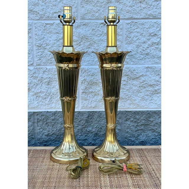Mid Century Solid Brass Sheaf of Wheat Table Lamps- a Pair For Sale - Image 9 of 13