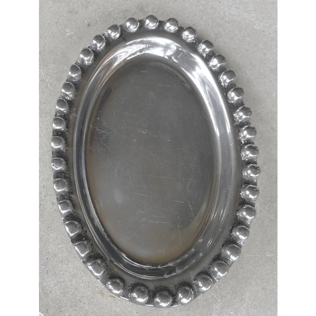 Metal Circa 1980 Beaded Rim Byzantine-Inspired Mexican Pewter Oval Bowl & Underplate Set For Sale - Image 7 of 18