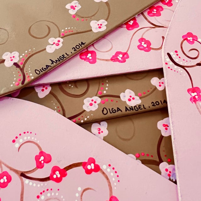 Vintage Whimsical Hand-Painted Cherry Blossom Placemats, Mixed Blush & Bronze, Set of 7 For Sale - Image 9 of 12