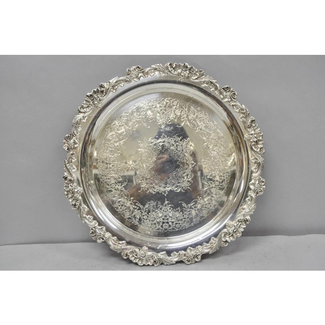 Vintage Wilcox Victorian Silver Plated Round Ornate Footed Salver Serving Tray For Sale - Image 13 of 13
