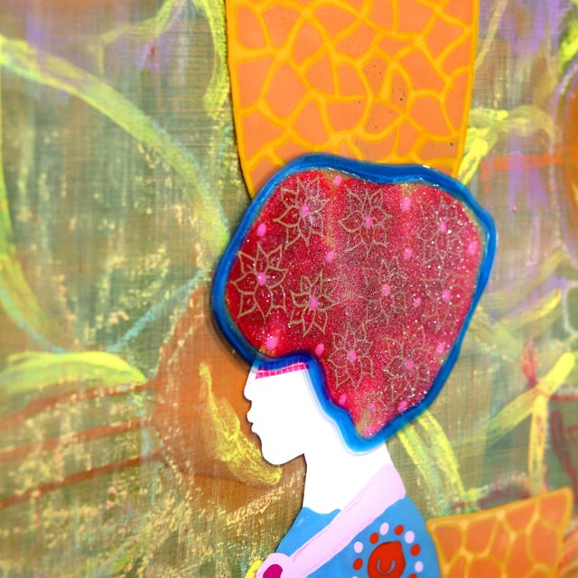 Donna Con Capo Fiorito - Framed Original Artwork by Beddru, Figurative Colorful Textured Portrait For Sale In Los Angeles - Image 6 of 10