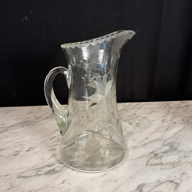 Traditional 1960s Hand-Blown Etched Glass Water Pitcher For Sale - Image 3 of 7