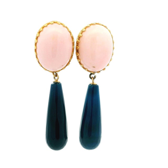 Talia Jade Pink Coral Cabochon and Blue Agate Pendant Drop Earrings, A Pair For Sale - Image 10 of 10