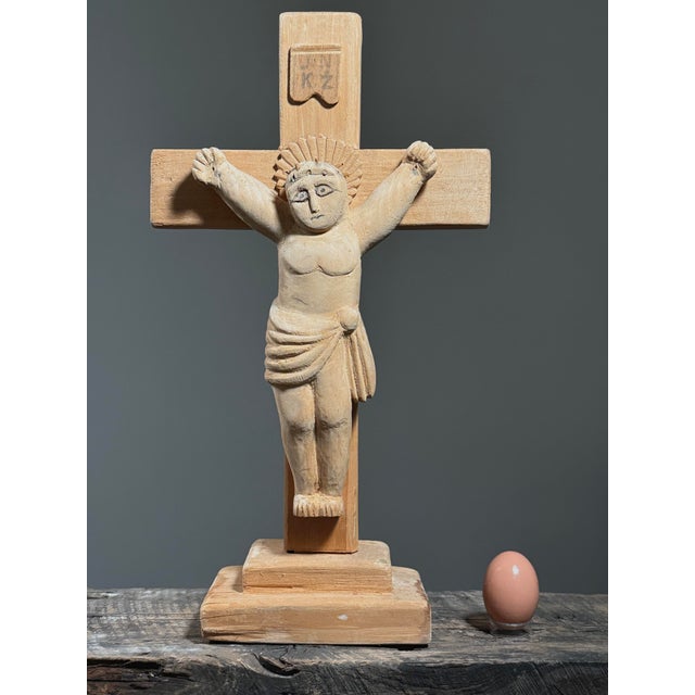 Mid-Century Modern Vintage European Folk Art Modernist Hand Carved Crucifix Sculpture For Sale - Image 3 of 10