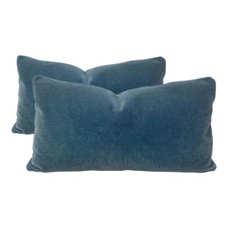 Plush Pacific Blue Down Filled Lumbar Mohair Pillows - A Pair For Sale