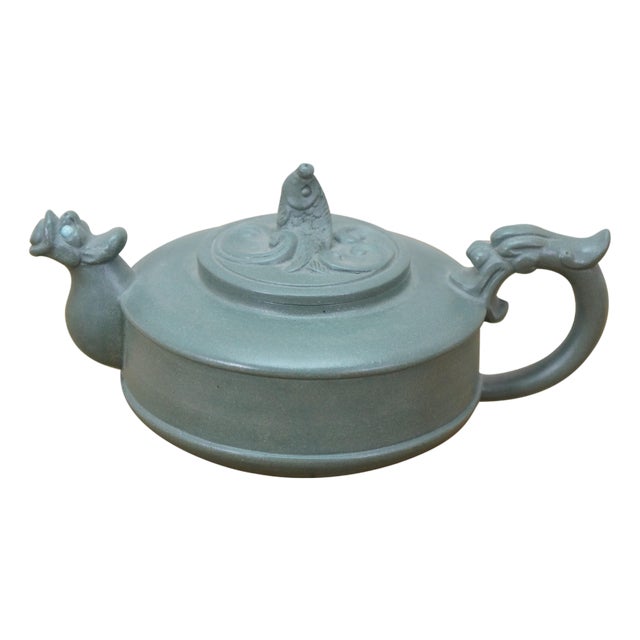 Vintage Chinese Yixing Zisha Green Clay Dragon Koi Fish Kung Fu Teapot 5.5" For Sale