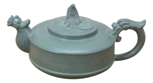 Vintage Chinese Yixing Zisha Green Clay Dragon Koi Fish Kung Fu Teapot 5.5"