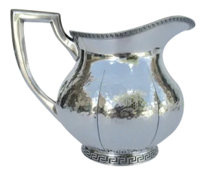 C.1940's Hartford Sterling Company, Hammered Silver Over Nickel Water Carafe/Pitcher With Greek Key Design