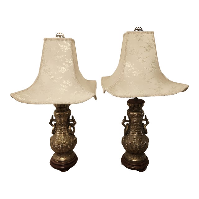 Mid 20th Century Pair Asian Solid Brass Tble Lamps After James Mont For Sale
