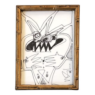 Original Vintage Wayne Cunningham Small Abstract Ink Drawing Faux Bamboo Frame For Sale