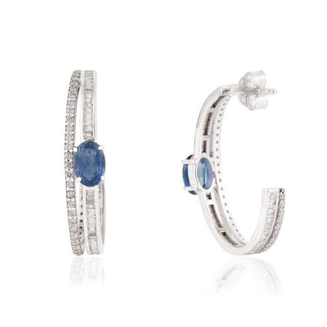 Metal 14k Gold 1.23ct Oval Cut Blue Sapphire & Diamond C- Hoop Earrings- A Pair For Sale - Image 7 of 14