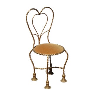 Italian Hollywood Regency Gold Metal Heart Shaped Chair W Bell Shaped Feet For Sale