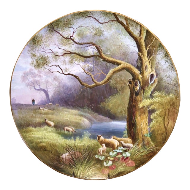 19th Century French Hand-Painted Porcelain Charger With Sheep, Signed Olivier For Sale