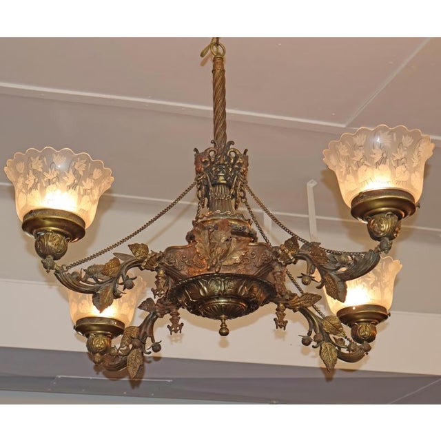 19th Century Bronze 4 Light Etched Glass Shade Gas Chandelier Gasolier Dimensions : 24" Tall X 37" Wide X 37" Deep This...