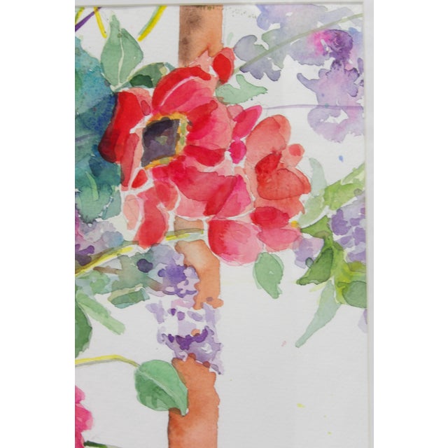 1990s 1990s Original Signed Impressionist Floral Watercolor Painting | Red Poppies, Lilacs & Pear Still Life | Signed For Sale - Image 5 of 11