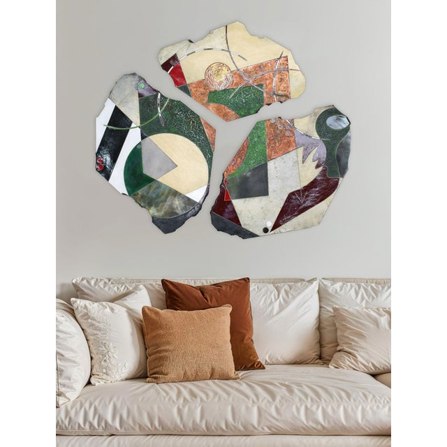 Contemporary "Paris Triptych" by Michael Gustavson, Raku Ceramic Three-Panel Wall Sculpture, Deep Green and Rust Glaze, Contemporary California Art, Vibrant Colors For Sale - Image 3 of 4