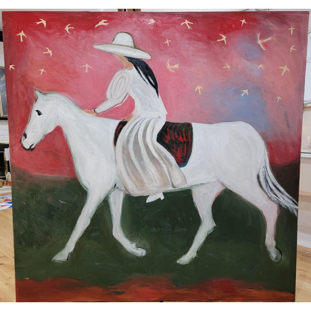 Birds, Angels, and Horse Rider, Mixed Media Equestrian Landscape Oil Painting For Sale - Image 16 of 16