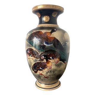 Large Japanese Ceramic Vase with Flying Autunm Geese by Kinkozan Studio For Sale