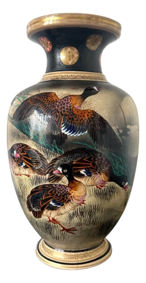Large Japanese Ceramic Vase with Flying Autunm Geese by Kinkozan Studio