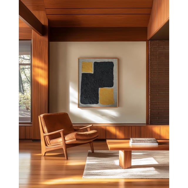 Gold and Carbon Painting on Spanish Linen Minimalist Painting, Framed Gold Corners For Sale - Image 4 of 5