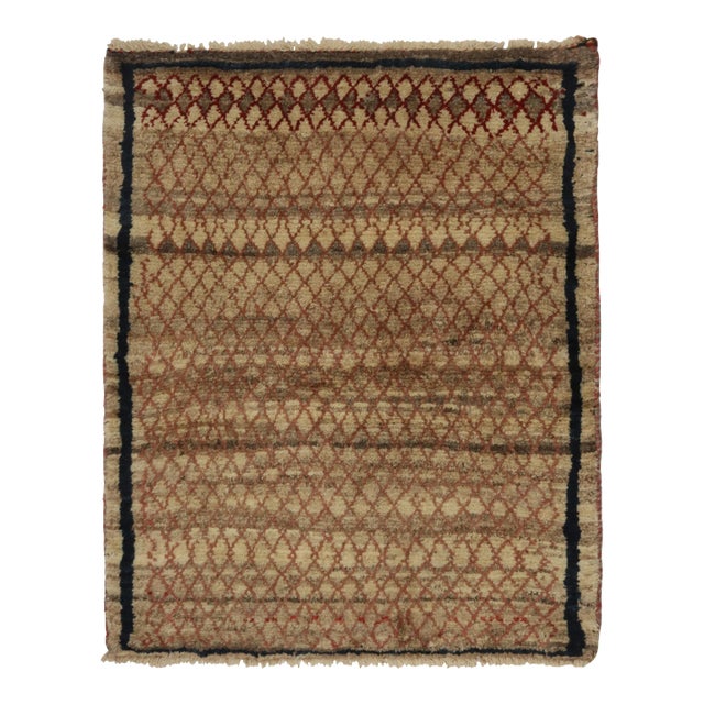 1950s Vintage Gabbeh Tribal Rug in Beige-Brown With Red Lattice Pattern For Sale